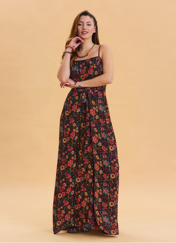 Thin Strap Waist Tie Black Floral Dress 4549